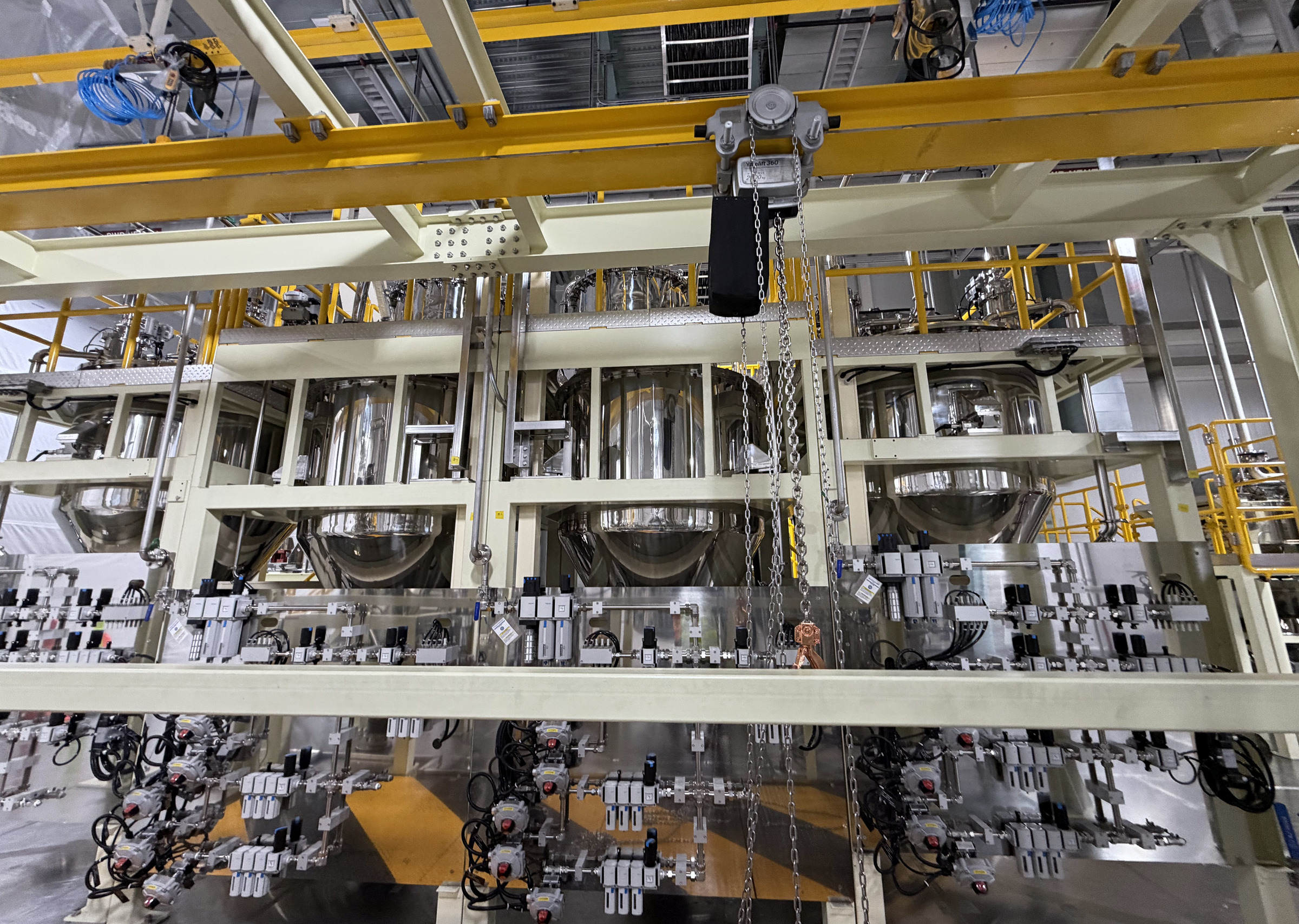 A process skid with stainless pipework, valves, instrumentation and supporting steelwork.
