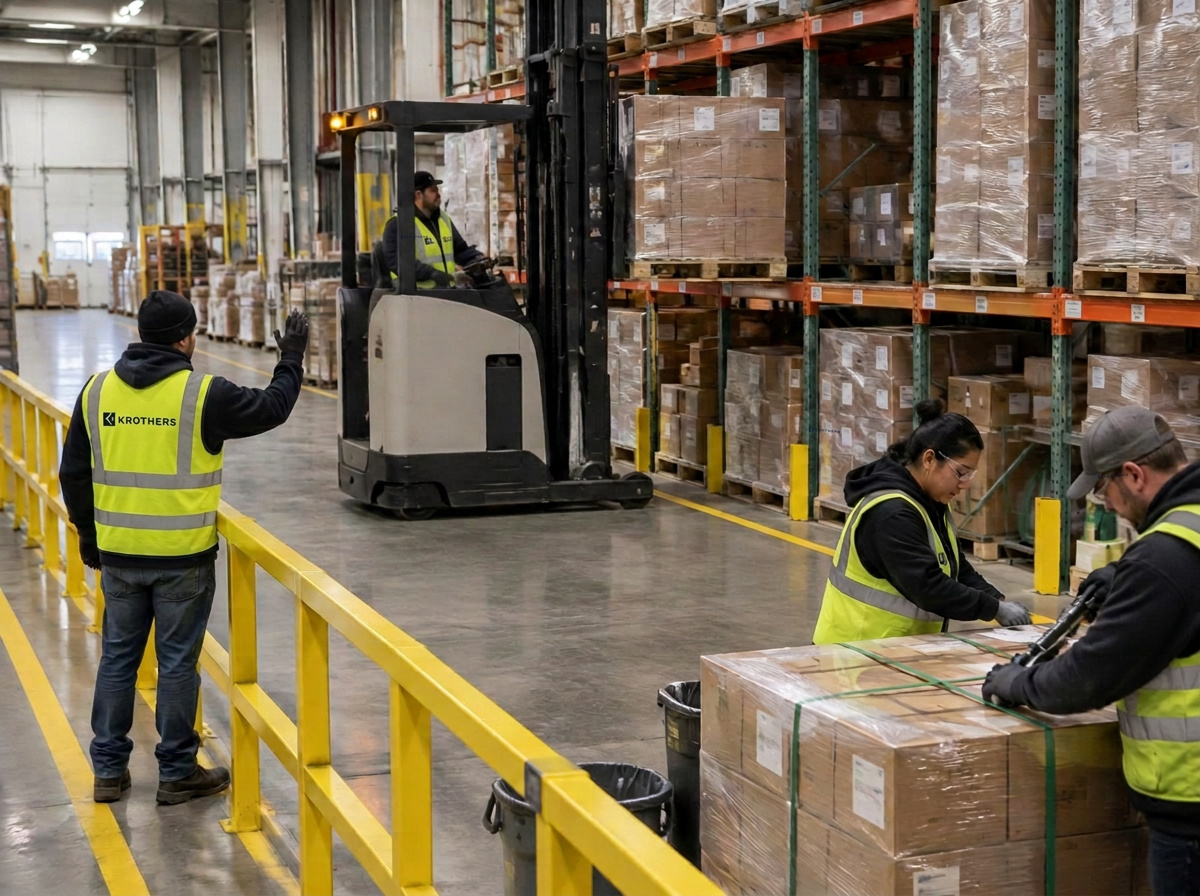 A forklift operator places an outbound pallet while a separated spotter and packing team coordinate warehouse operations.